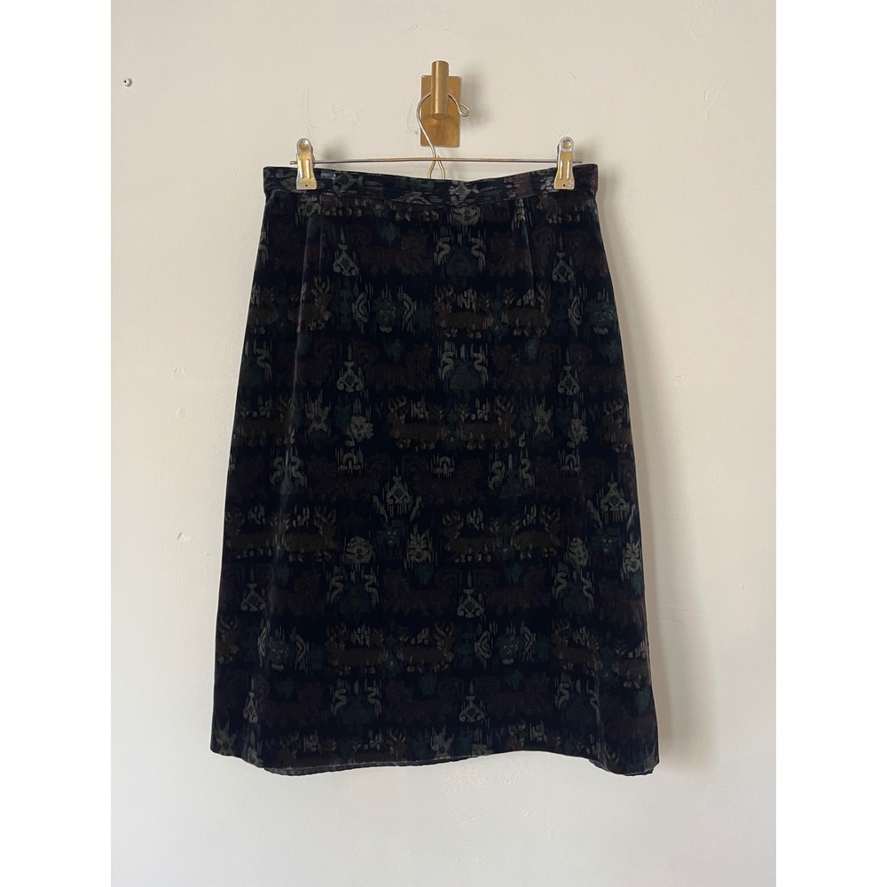Tan Jay Vintage Velvet Midi Skirt Brown Abstract Ikat Grunge Goth Made in USA 14